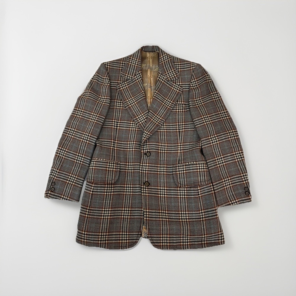 Vintage 70s Wool Tweed Blazer Sport Coat 38 Brown Plaid Geometric Academy Award